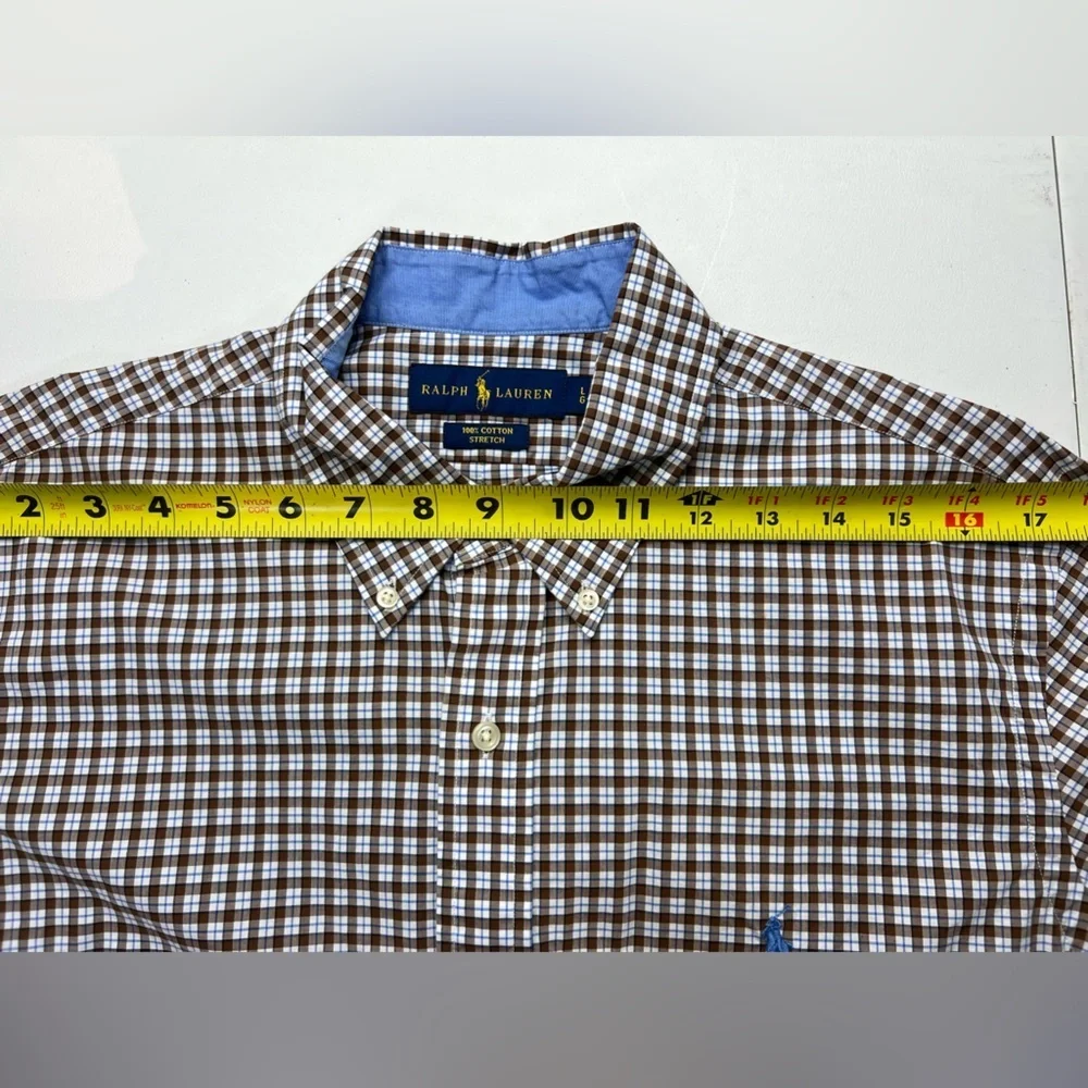 Ralph Lauren Men’s Cotton Stretch Button Down Shirt Sz L Brown Check Pony Preppy - Picture 5 of 11
